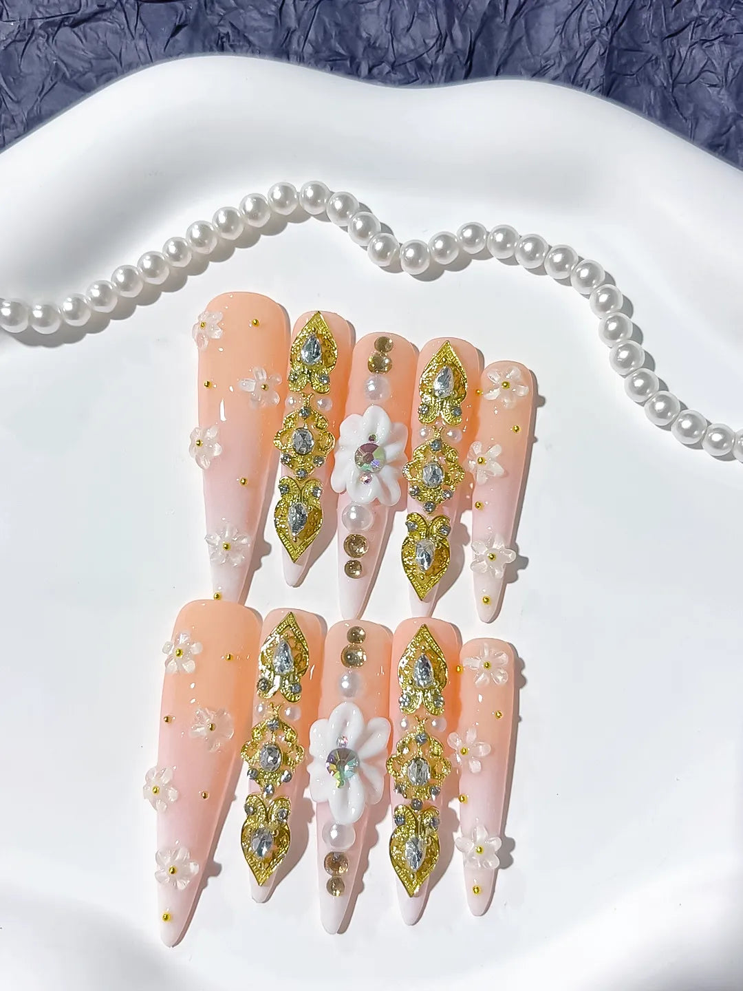 Nude White Gold Solid color Flower Rhinestone Metallic Accent 3D press on nails close up