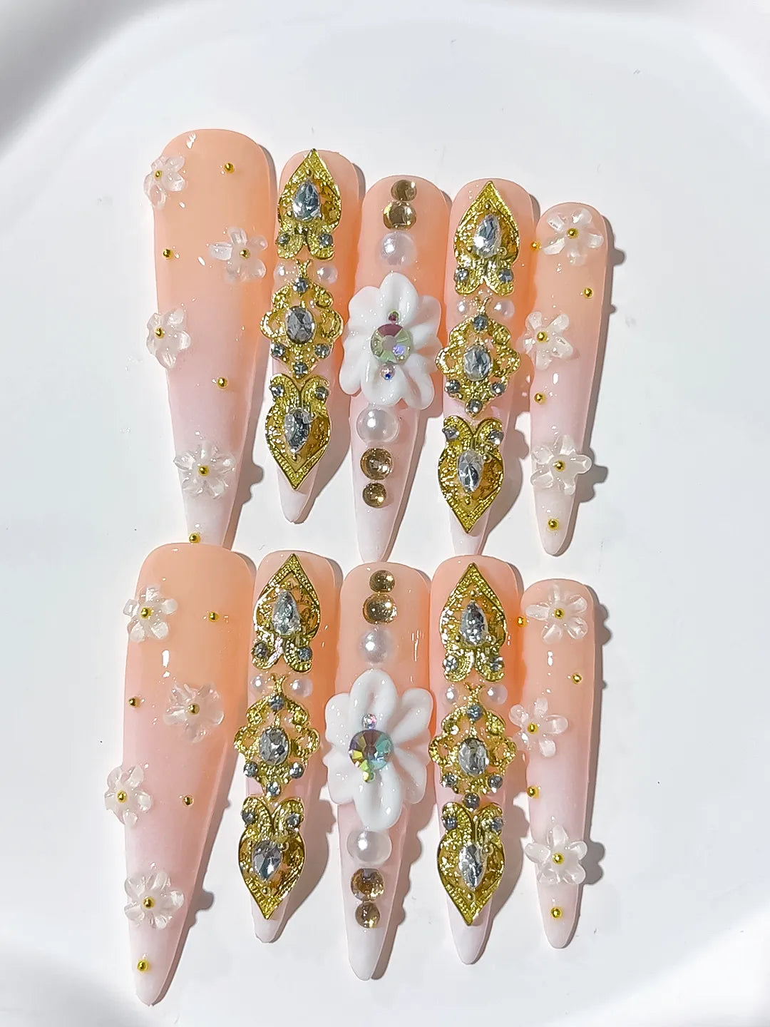 Nude White Gold Solid color Flower Rhinestone Metallic Accent 3D press on nails detail view