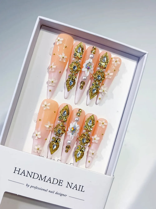 Nude White Gold Solid color Flower Rhinestone Metallic Accent 3D press on nails
