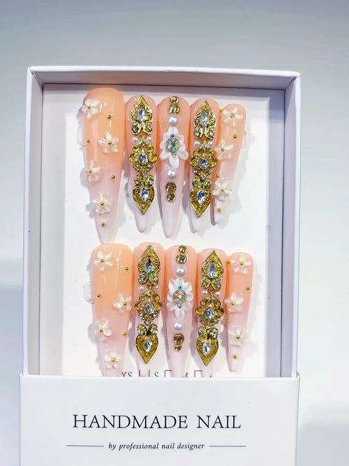 Nude White Gold Solid color Flower Rhinestone Metallic Accent 3D press on nails full set view