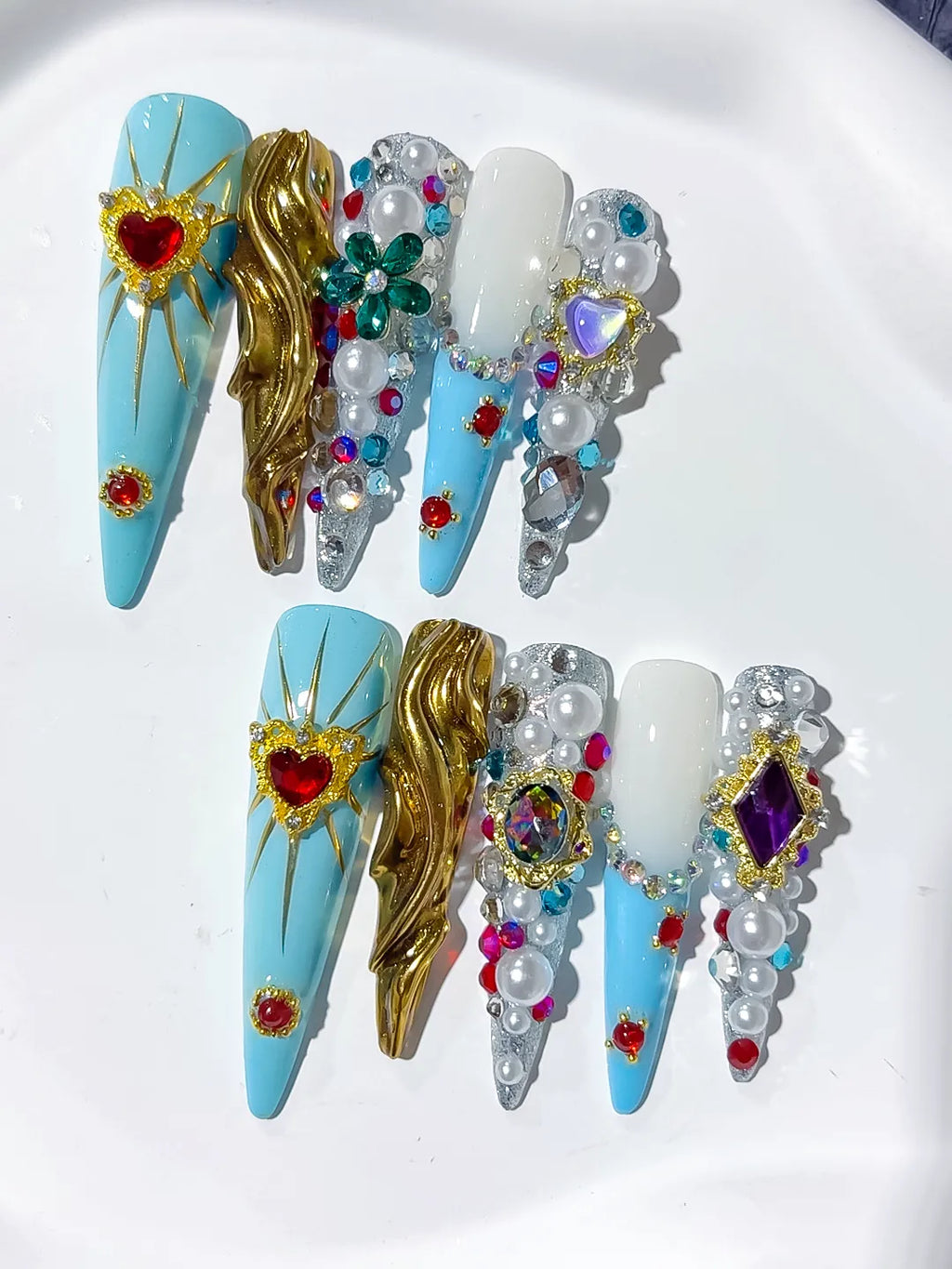 Blue White Gold Silver Red Green Purple Abstract Heart Pearl Rhinestone Metallic Accent 3D press on nails close up
