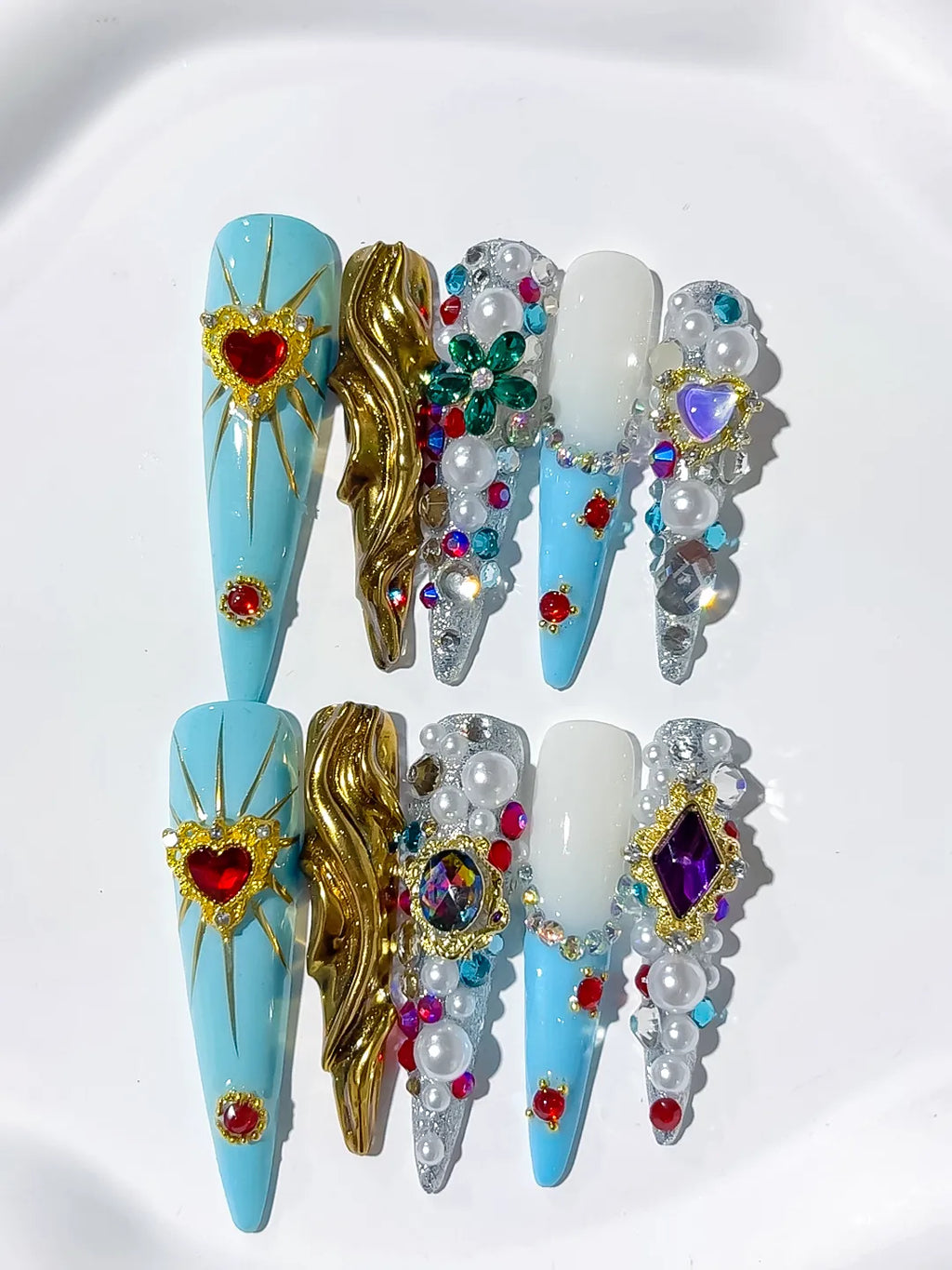 Blue White Gold Silver Red Green Purple Abstract Heart Pearl Rhinestone Metallic Accent 3D press on nails detail view