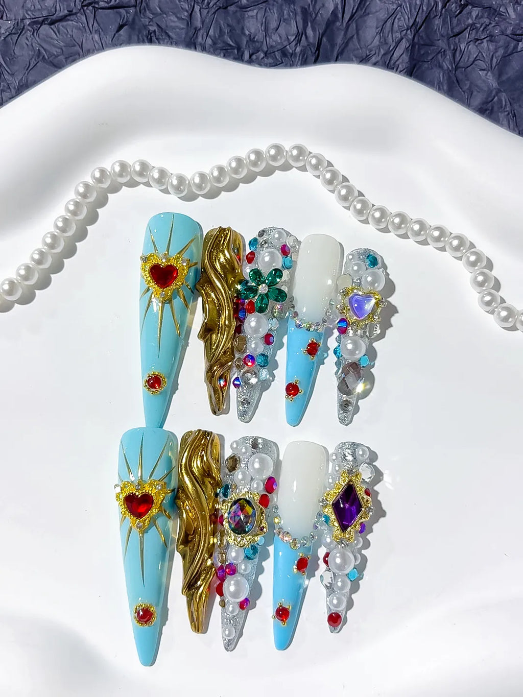 Blue White Gold Silver Red Green Purple Abstract Heart Pearl Rhinestone Metallic Accent 3D press on nails detail view