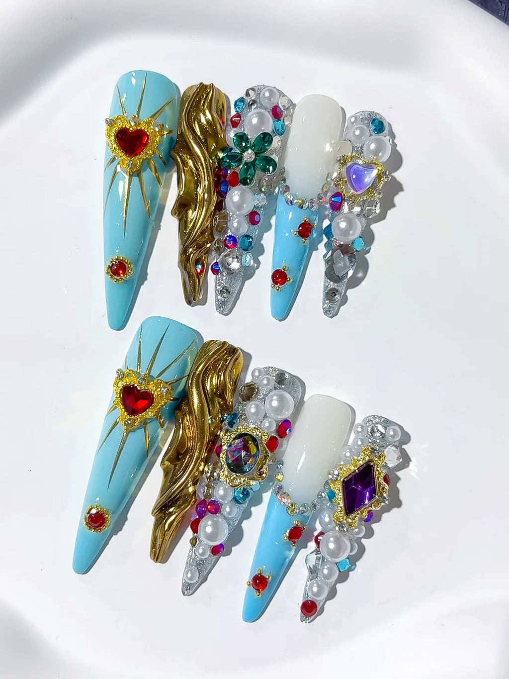Blue White Gold Silver Red Green Purple Abstract Heart Pearl Rhinestone Metallic Accent 3D press on nails detail view