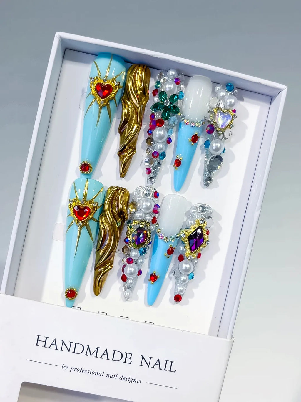 Blue White Gold Silver Red Green Purple Abstract Heart Pearl Rhinestone Metallic Accent 3D press on nails