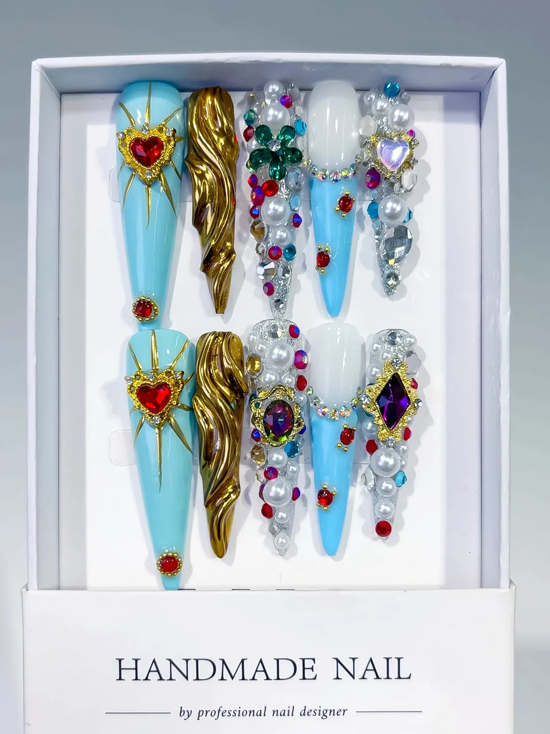 Blue White Gold Silver Red Green Purple Abstract Heart Pearl Rhinestone Metallic Accent 3D press on nails full set view