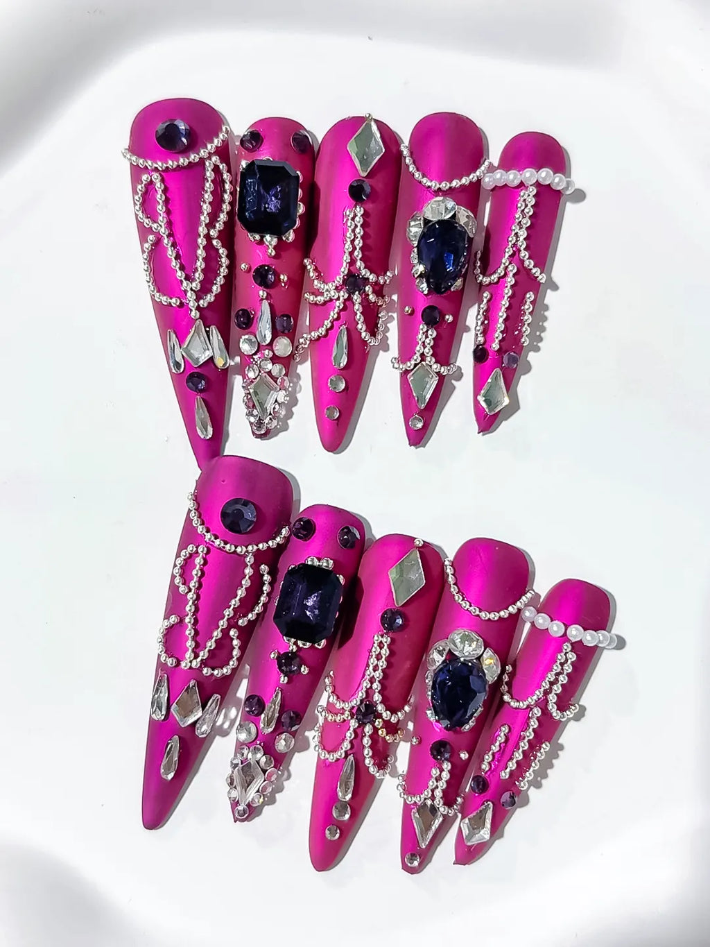 Purple Silver Black Metallic Pearl Rhinestone Chain Crystal Cluster press on nails close up