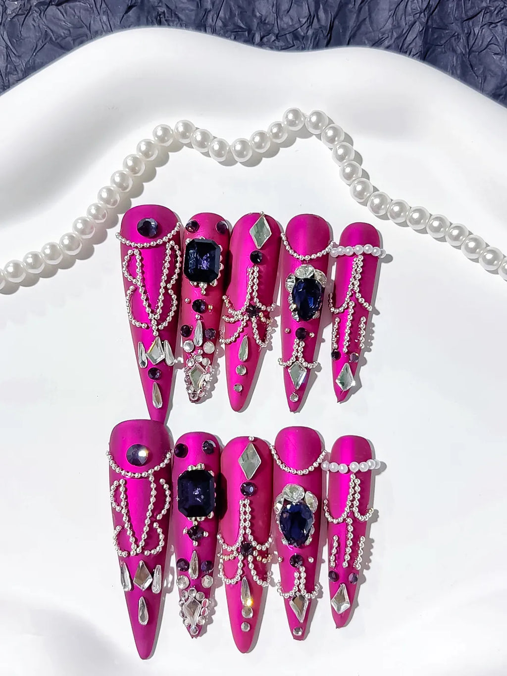 Purple Silver Black Metallic Pearl Rhinestone Chain Crystal Cluster press on nails detail view