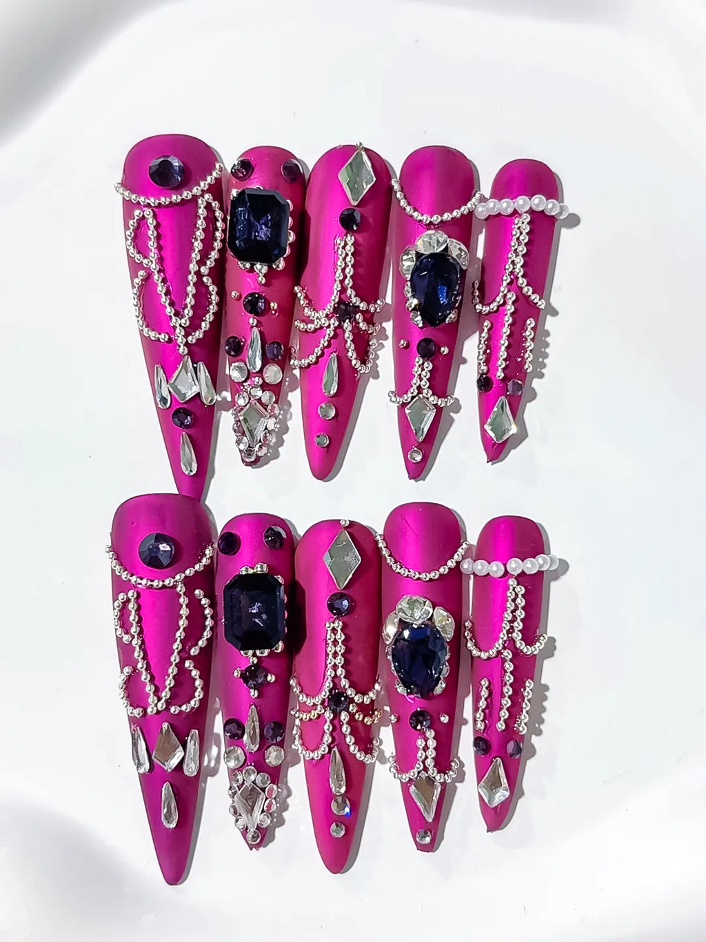 Purple Silver Black Metallic Pearl Rhinestone Chain Crystal Cluster press on nails detail view