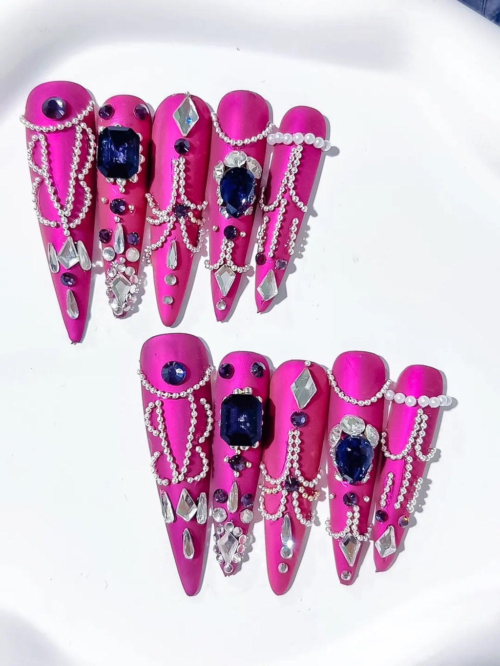 Purple Silver Black Metallic Pearl Rhinestone Chain Crystal Cluster press on nails detail view