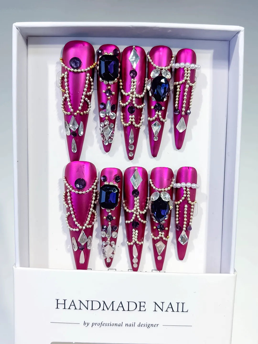 Purple Silver Black Metallic Pearl Rhinestone Chain Crystal Cluster press on nails full set view