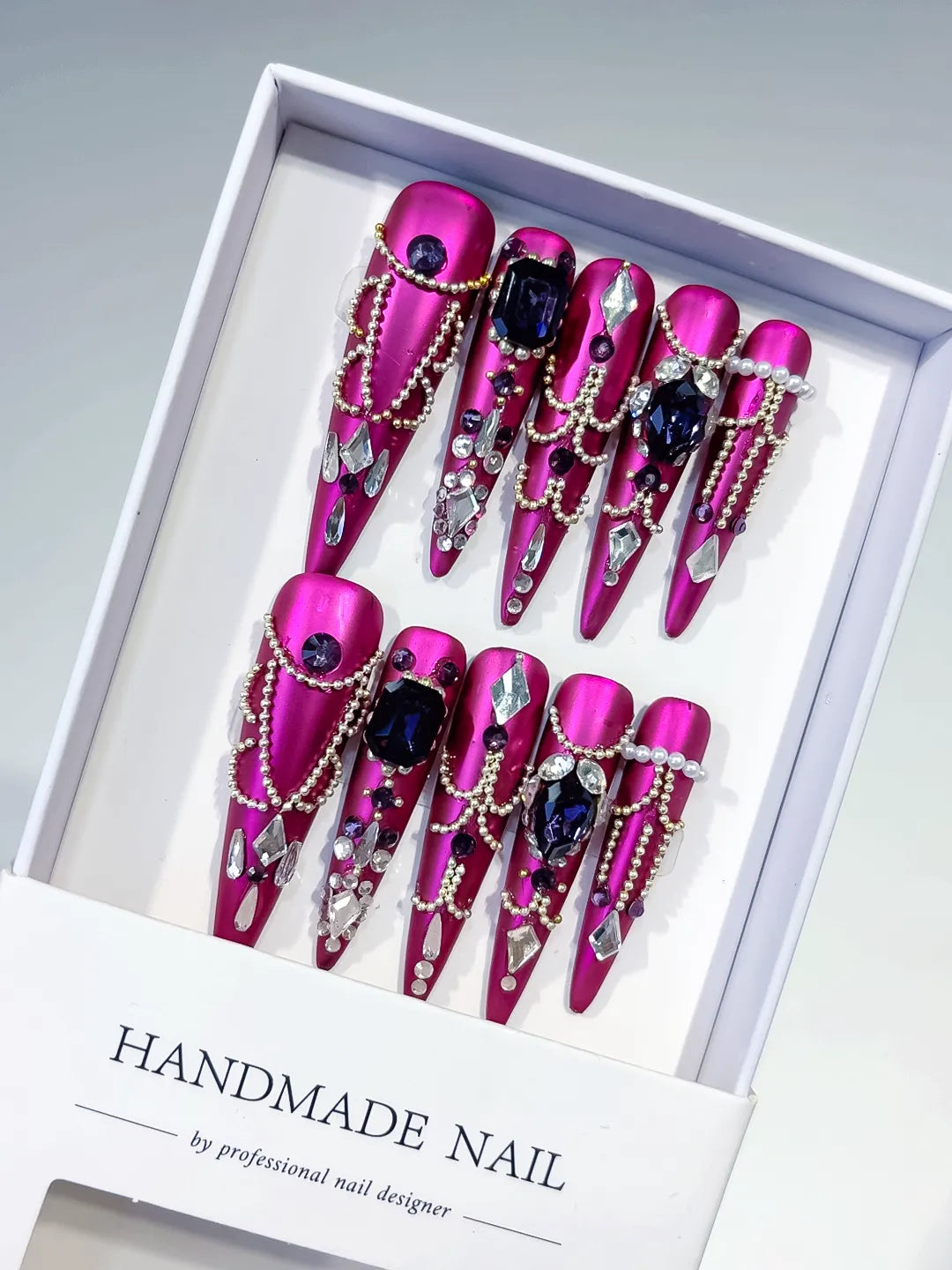 Purple Silver Black Metallic Pearl Rhinestone Chain Crystal Cluster press on nails