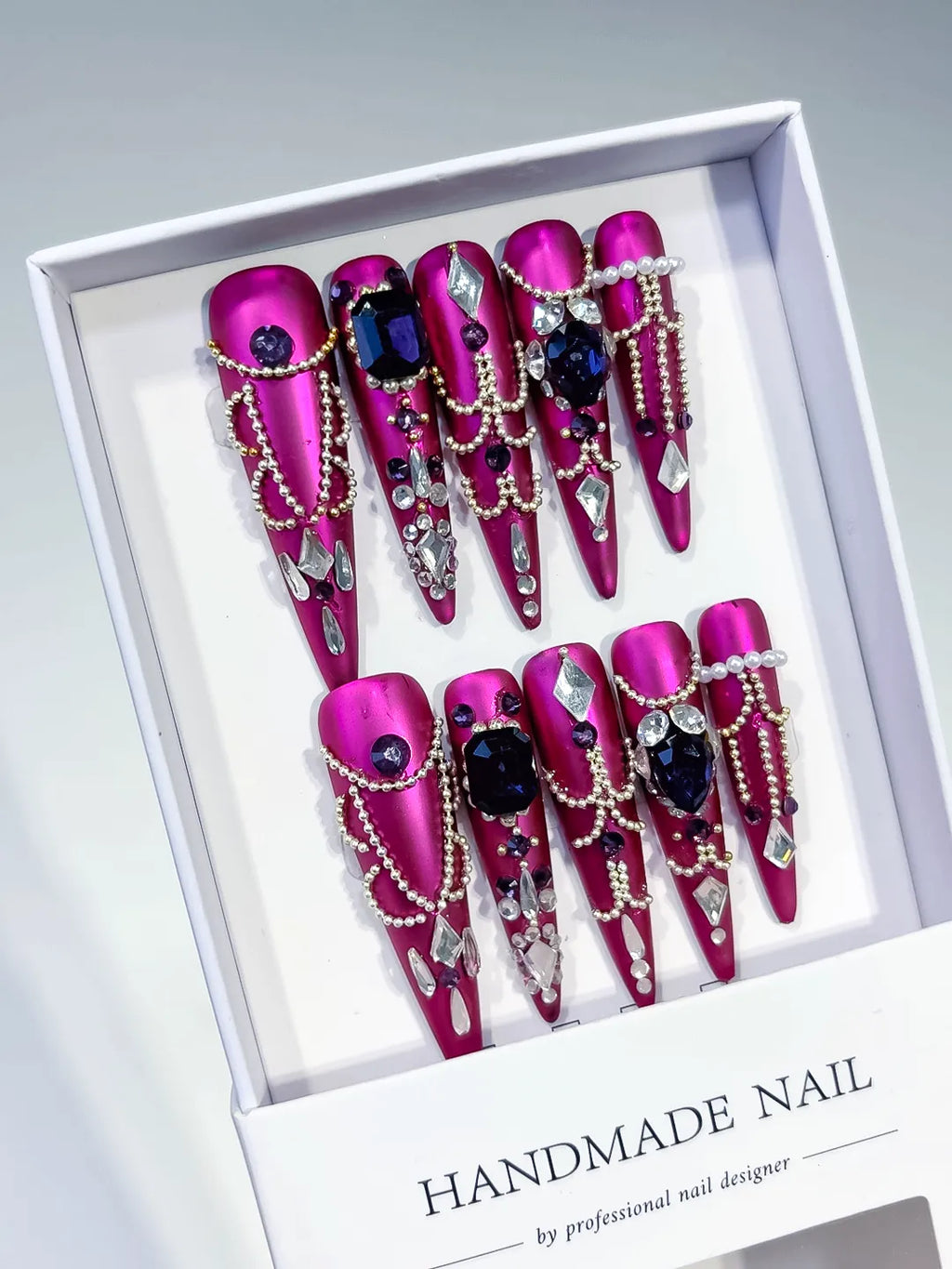 Purple Silver Black Metallic Pearl Rhinestone Chain Crystal Cluster press on nails angled view