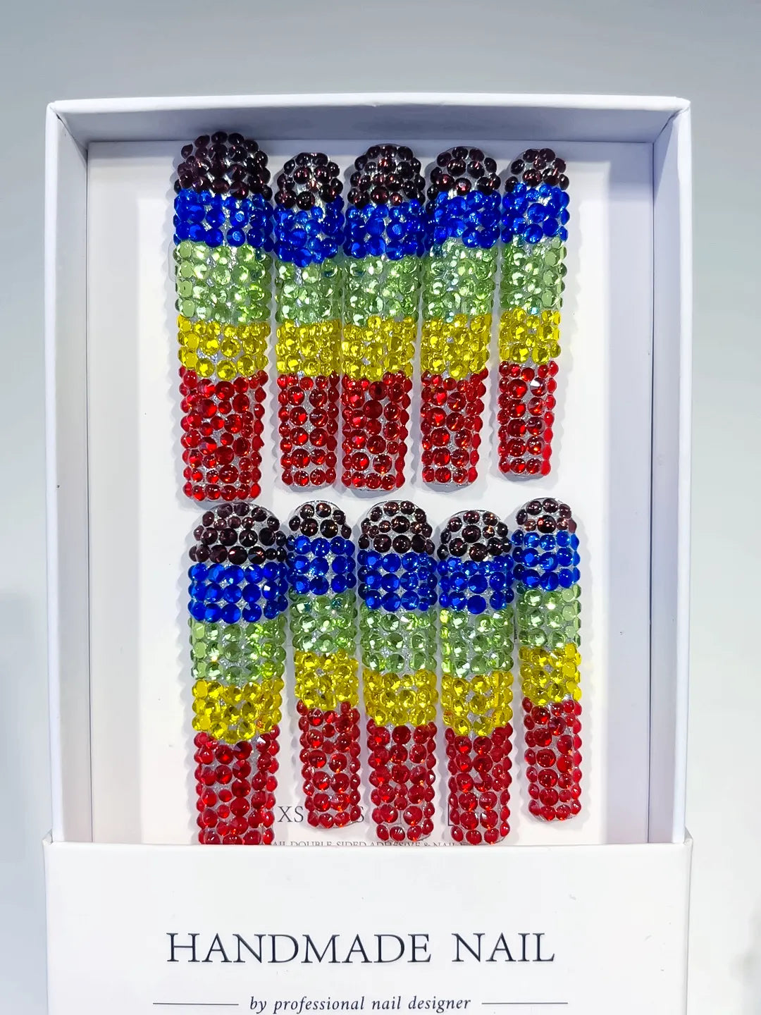 Black Blue Green Yellow Red Abstract Rhinestone Full Crystal Cover press on nails full set view