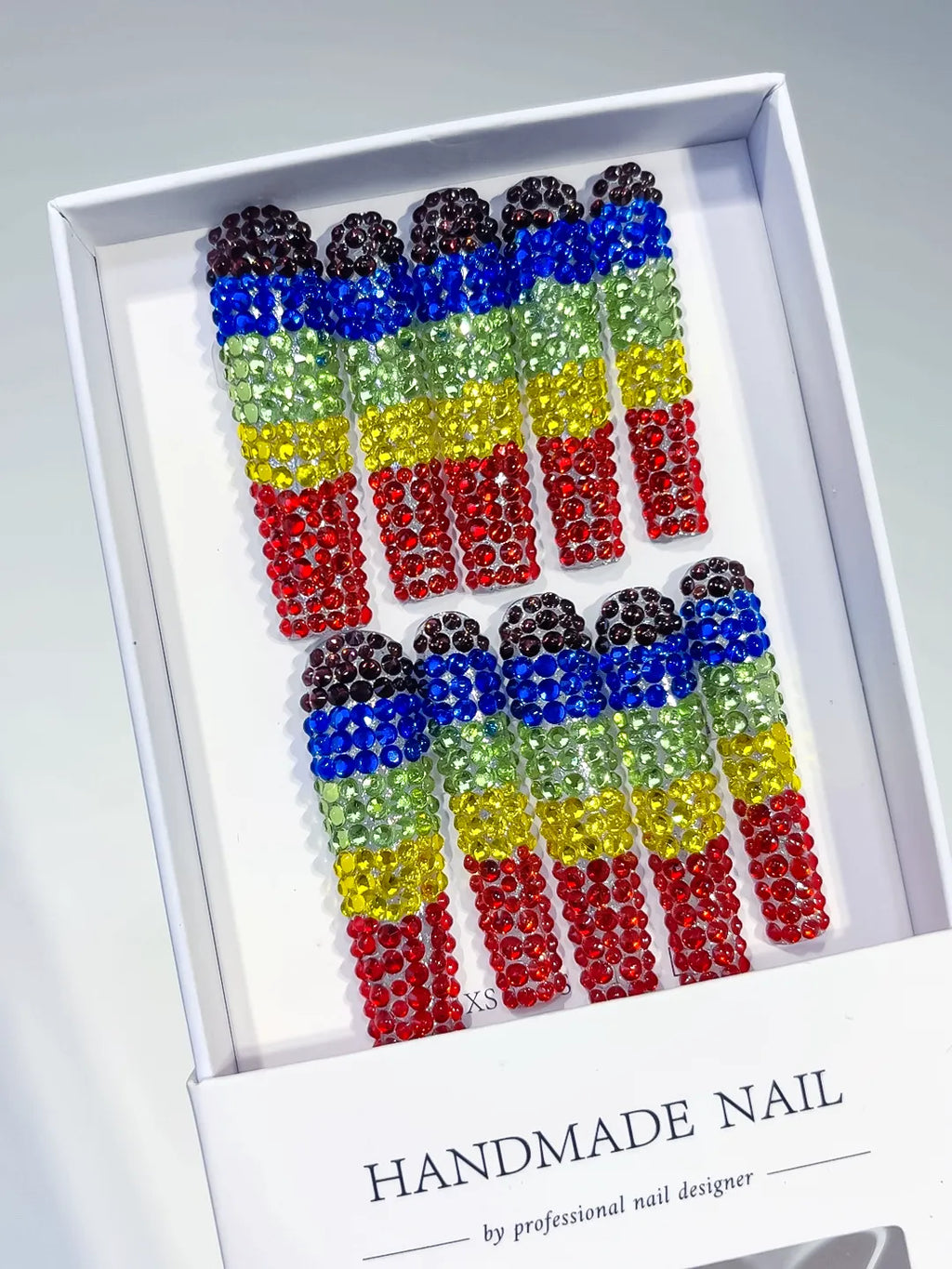 Black Blue Green Yellow Red Abstract Rhinestone Full Crystal Cover press on nails angled view