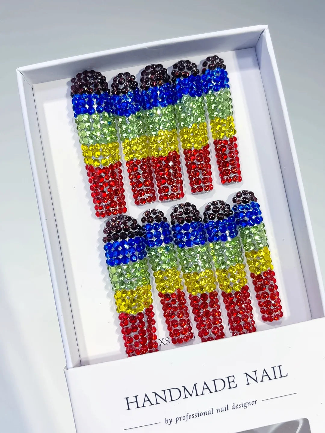 Black Blue Green Yellow Red Abstract Rhinestone Full Crystal Cover press on nails angled view
