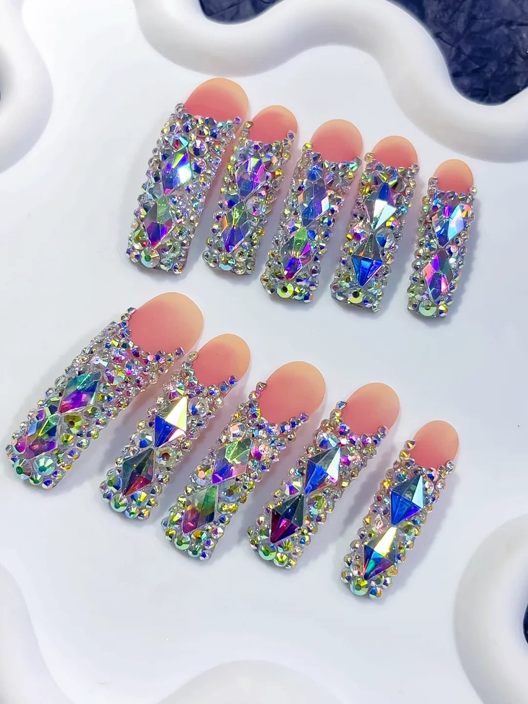 Nude Silver Multicolor Solid color Rhinestone Crystal Cluster press on nails detail view