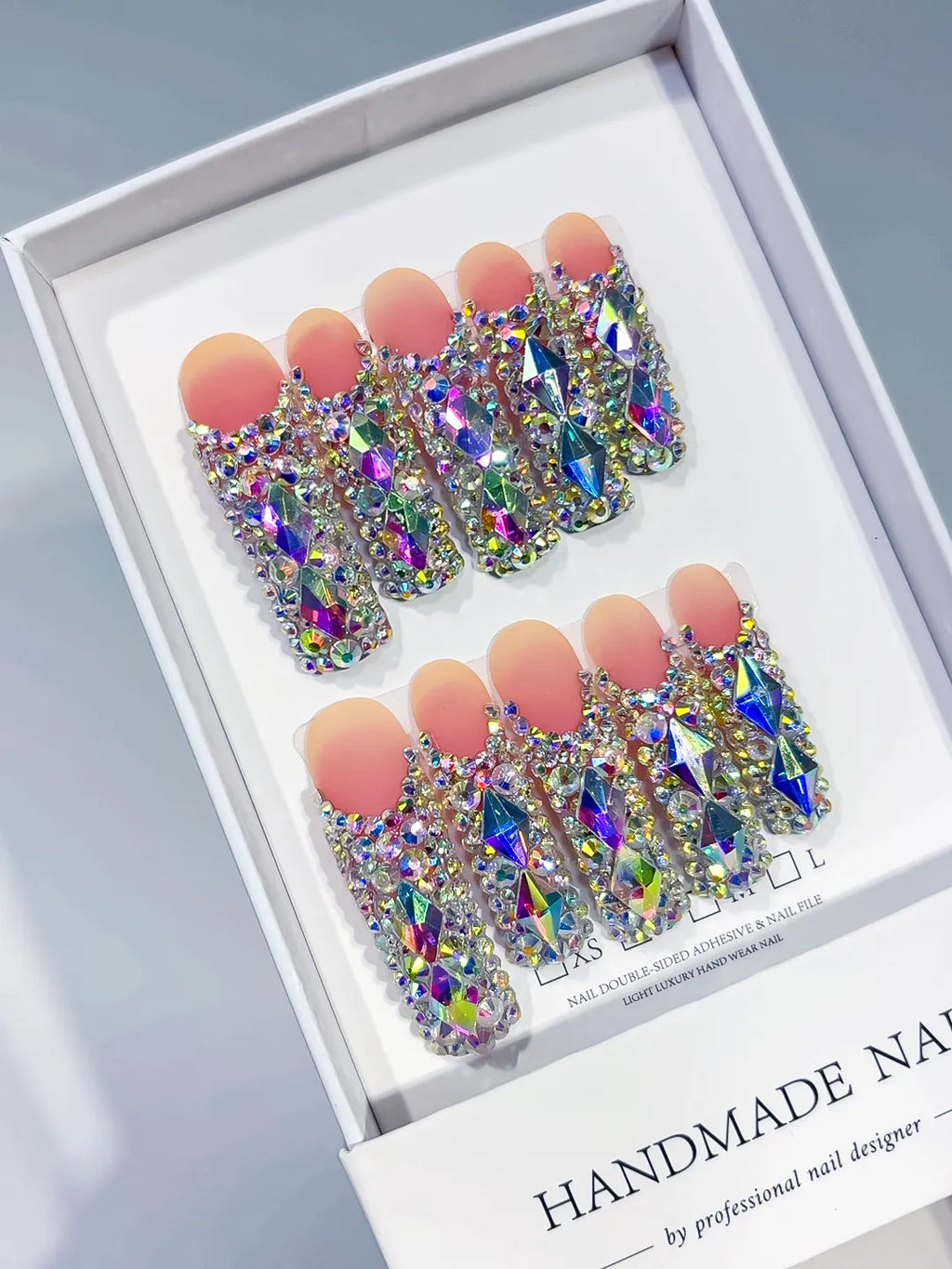 Nude Silver Multicolor Solid color Rhinestone Crystal Cluster press on nails close up