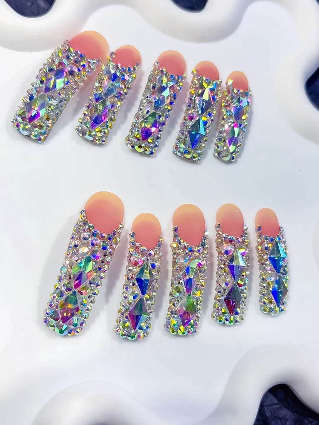 Nude Silver Multicolor Solid color Rhinestone Crystal Cluster press on nails detail view