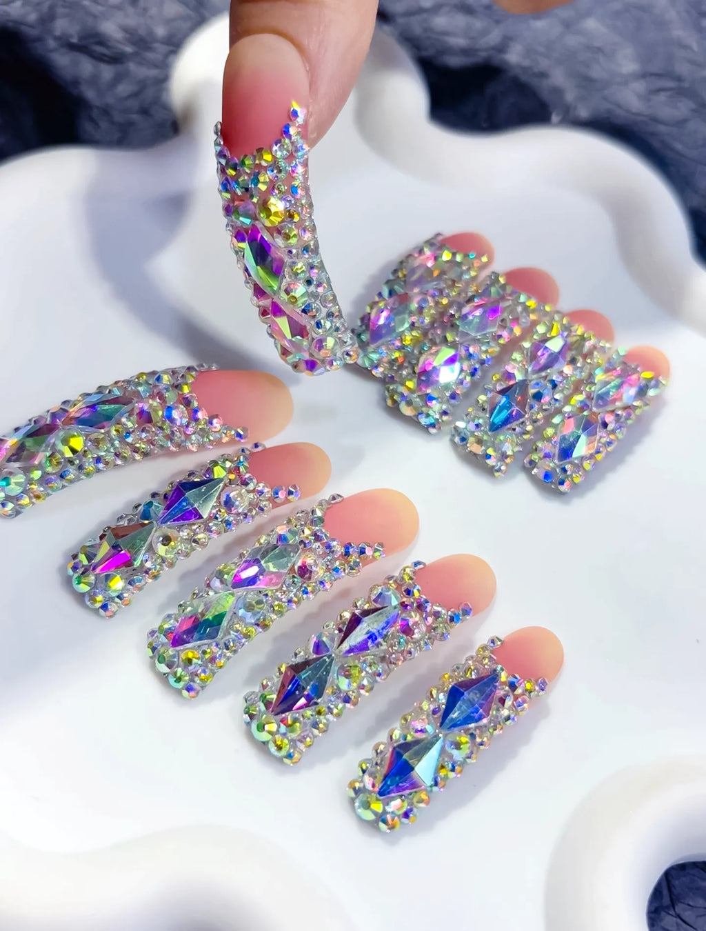 Nude Silver Multicolor Solid color Rhinestone Crystal Cluster press on nails full set view