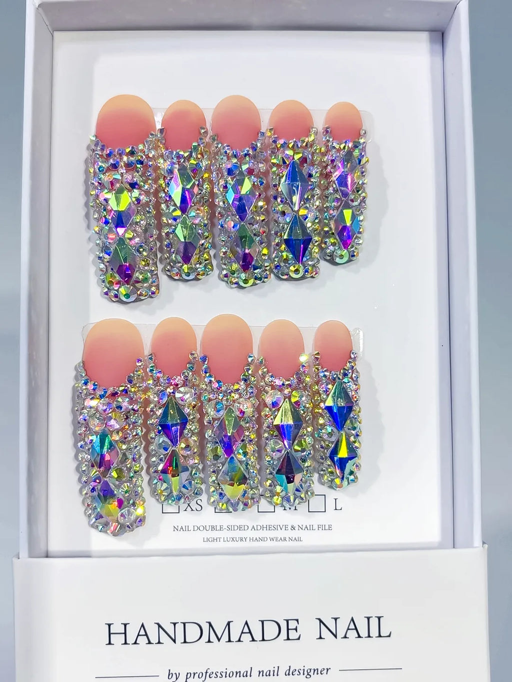 Nude Silver Multicolor Solid color Rhinestone Crystal Cluster press on nails angled view