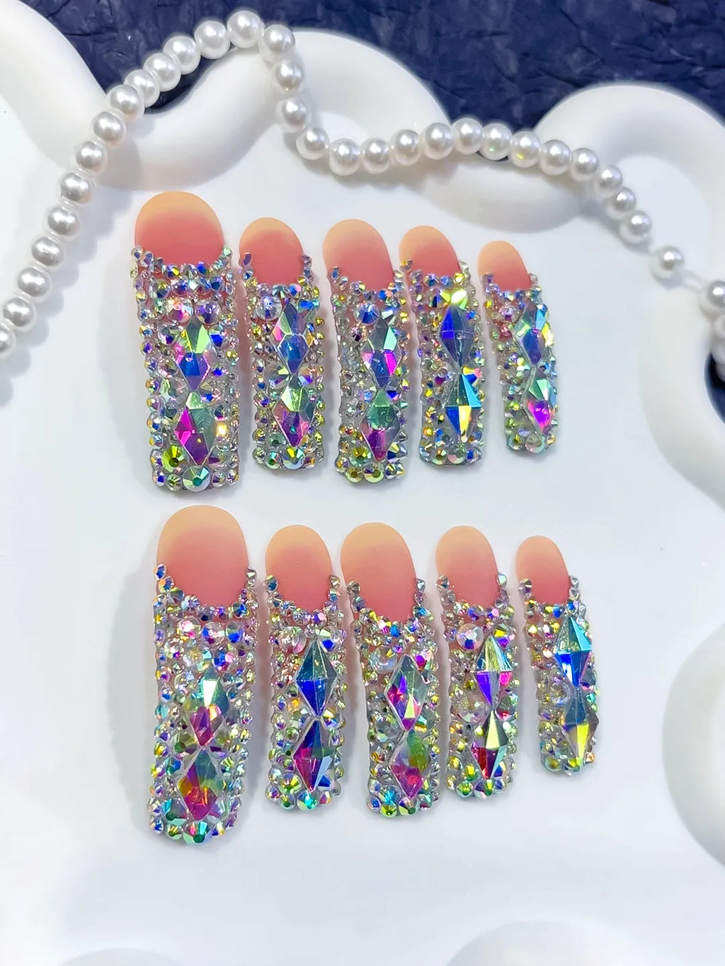 Nude Silver Multicolor Solid color Rhinestone Crystal Cluster press on nails detail view