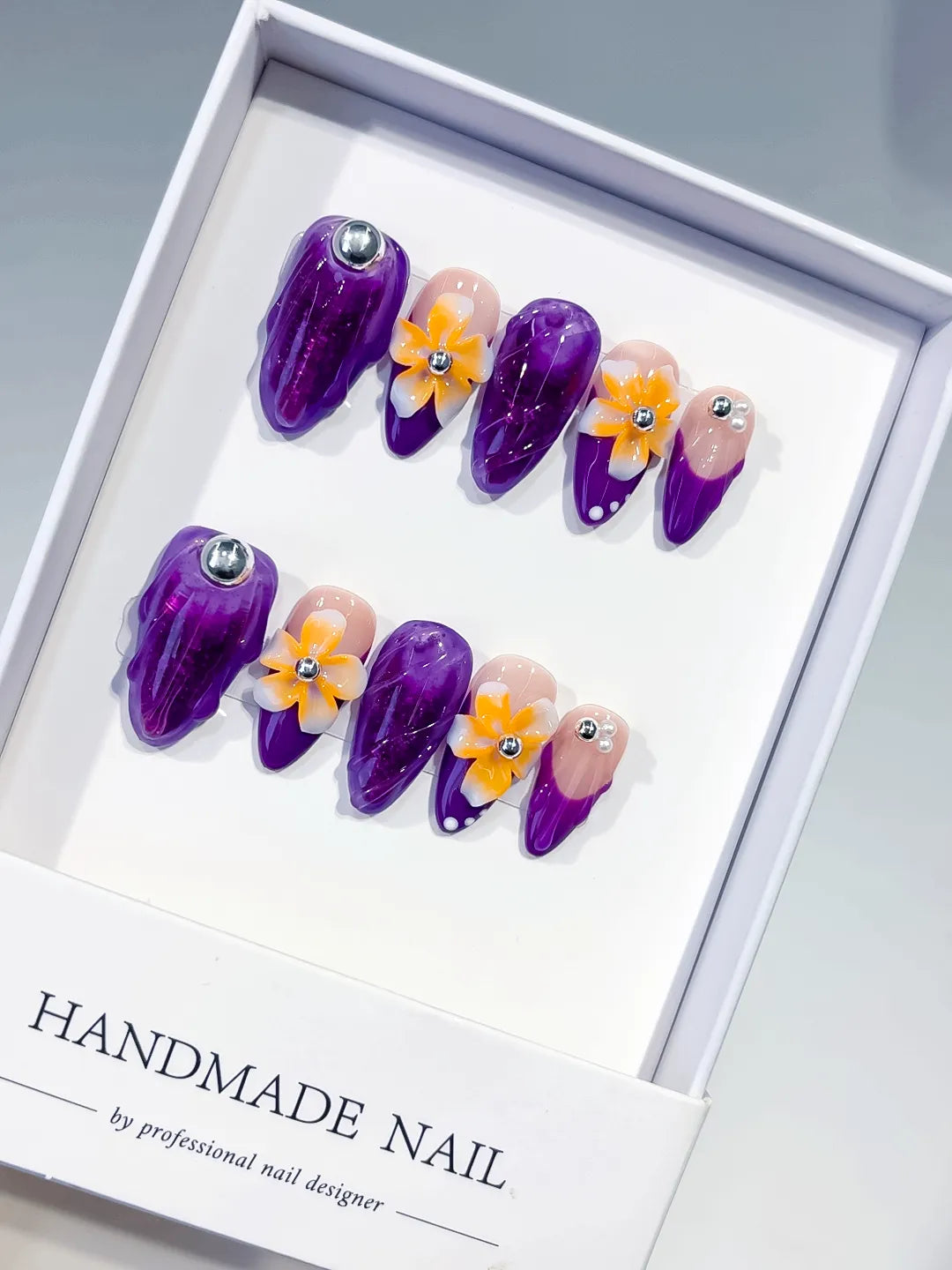 Purple Nude Yellow Orange Silver Abstract Flower Rhinestone Marble press on nails