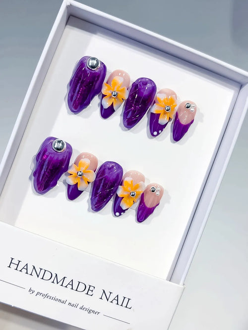Purple Nude Yellow Orange Silver Abstract Flower Rhinestone Marble press on nails