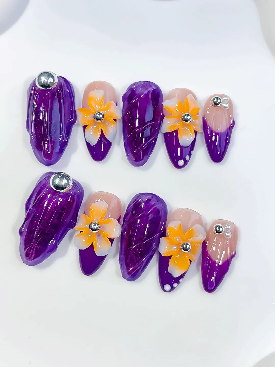 Purple Nude Yellow Orange Silver Abstract Flower Rhinestone Marble press on nails detail view