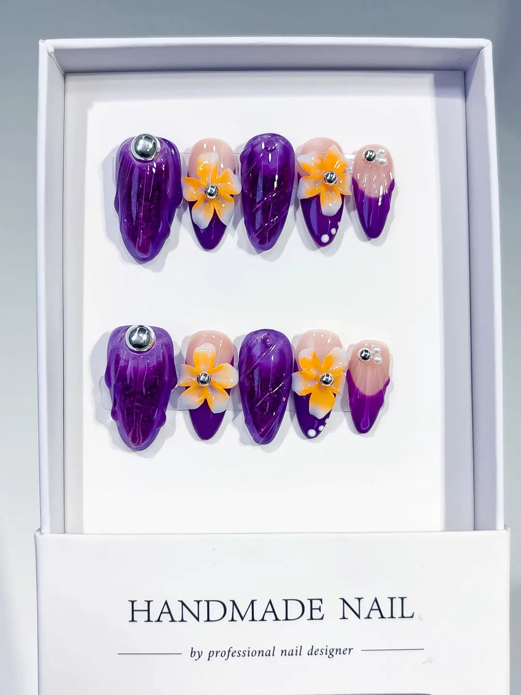 Purple Nude Yellow Orange Silver Abstract Flower Rhinestone Marble press on nails full set view