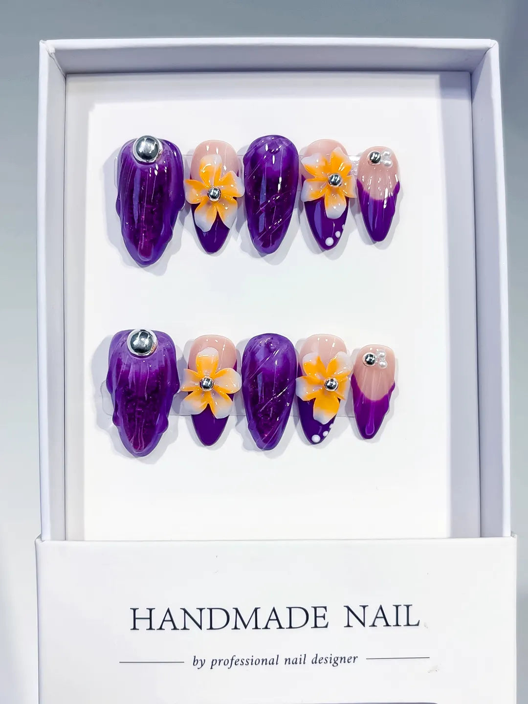 Purple Nude Yellow Orange Silver Abstract Flower Rhinestone Marble press on nails full set view
