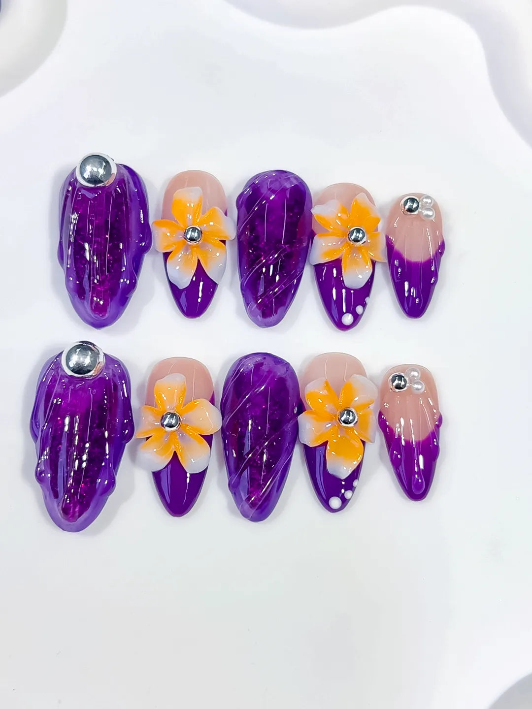 Purple Nude Yellow Orange Silver Abstract Flower Rhinestone Marble press on nails detail view