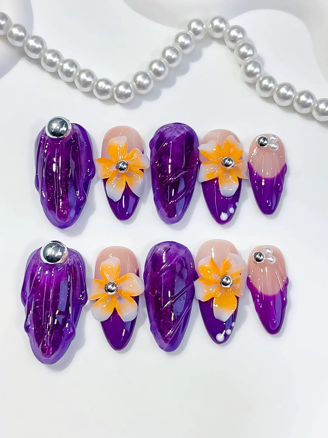 Purple Nude Yellow Orange Silver Abstract Flower Rhinestone Marble press on nails detail view