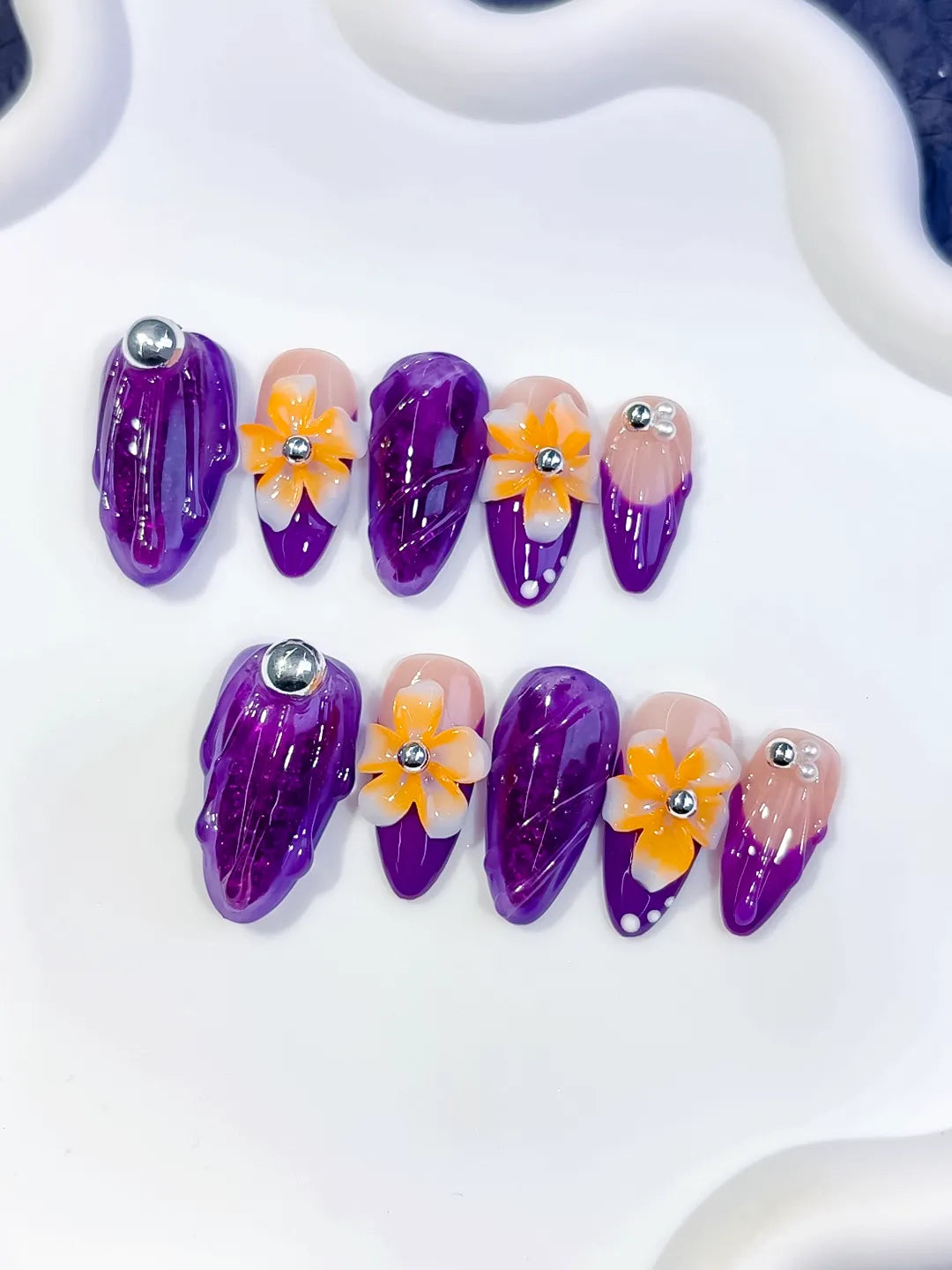 Purple Nude Yellow Orange Silver Abstract Flower Rhinestone Marble press on nails close up
