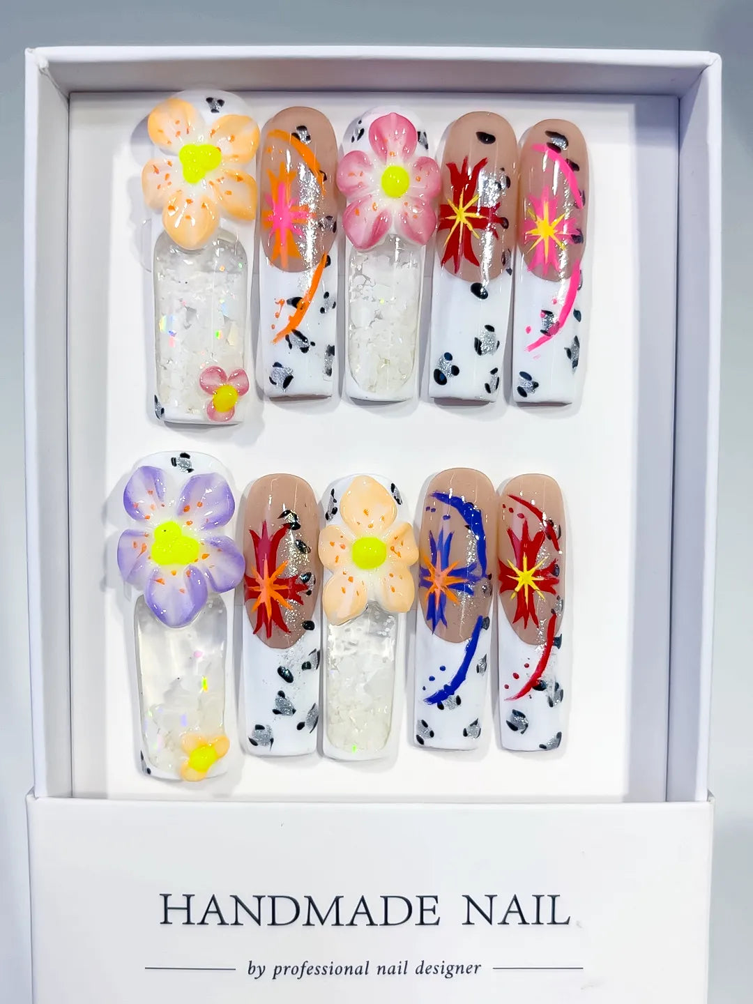 White Nude Orange Pink Red Blue Black Silver Abstract Flower Glitter Confetti Starburst 3D press on nails full set view