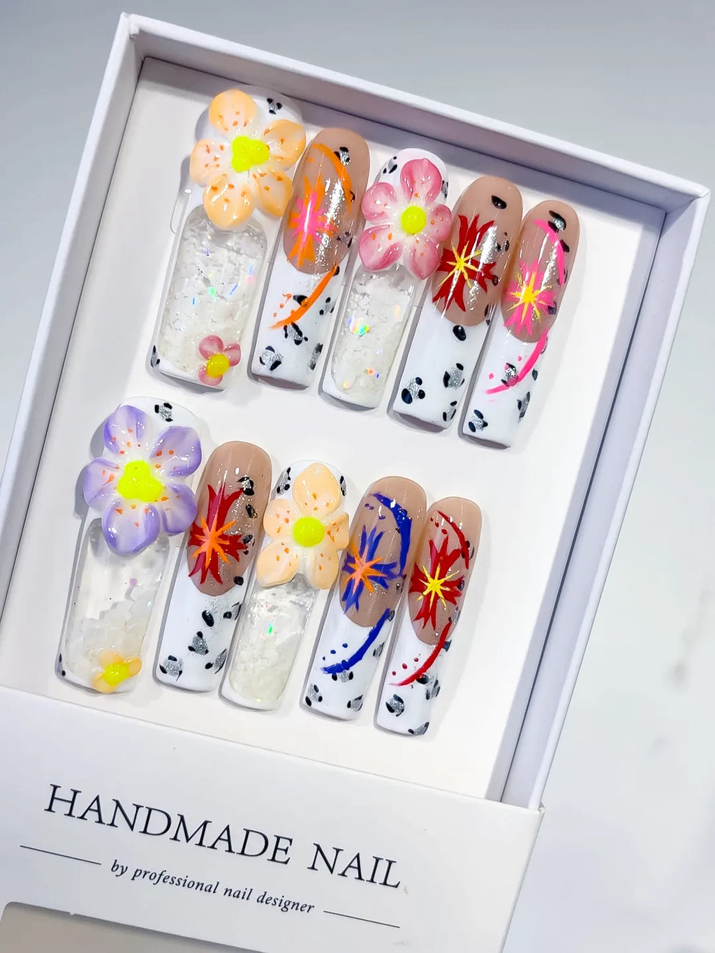 White Nude Orange Pink Red Blue Black Silver Abstract Flower Glitter Confetti Starburst 3D press on nails