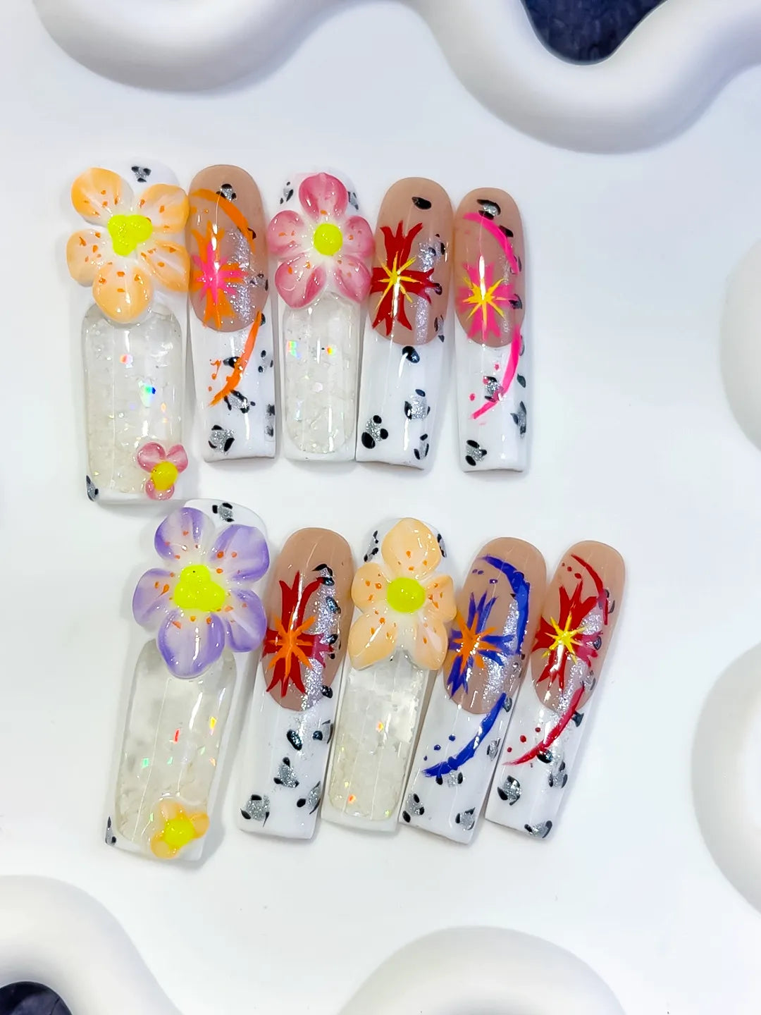 White Nude Orange Pink Red Blue Black Silver Abstract Flower Glitter Confetti Starburst 3D press on nails detail view