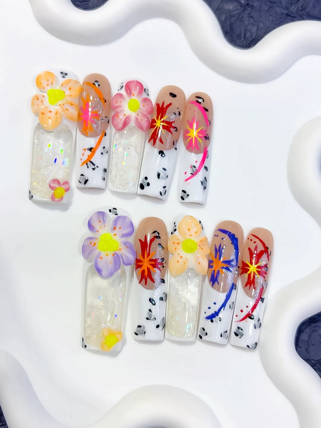 White Nude Orange Pink Red Blue Black Silver Abstract Flower Glitter Confetti Starburst 3D press on nails detail view
