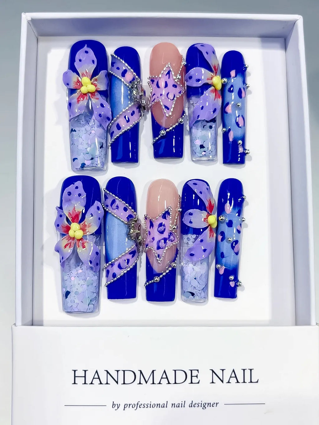 Blue Nude Purple Silver Abstract Flower Glitter Bow Rhinestone 3D press on nails full set view