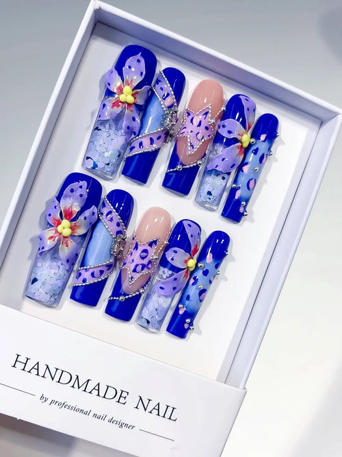 Blue Nude Purple Silver Abstract Flower Glitter Bow Rhinestone 3D press on nails