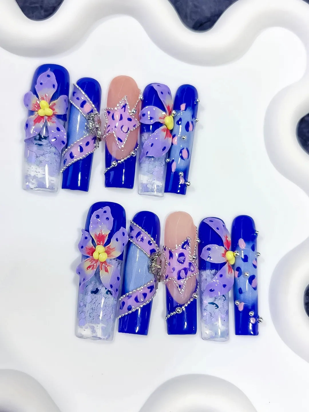 Blue Nude Purple Silver Abstract Flower Glitter Bow Rhinestone 3D press on nails detail view