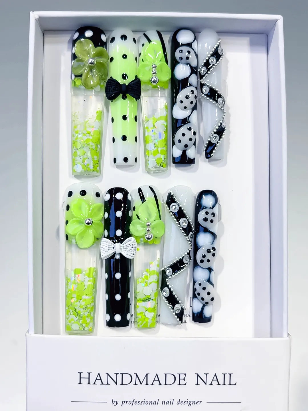 Green Black White Silver Abstract Flower Bow Dot Rhinestone Confetti 3D press on nails full set view