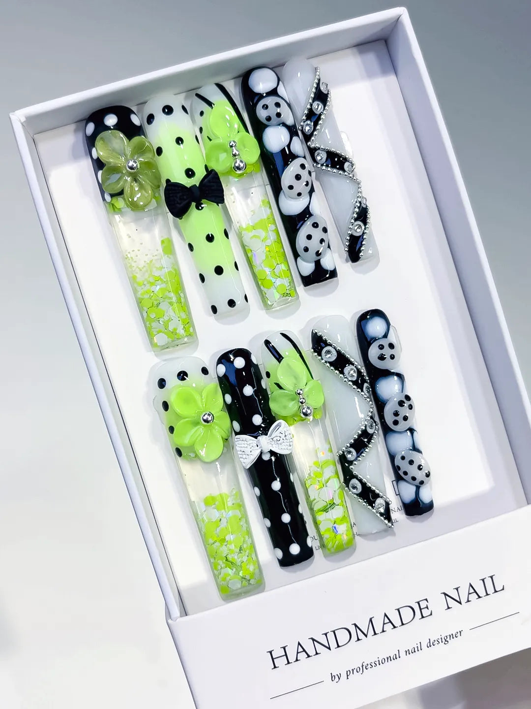 Green Black White Silver Abstract Flower Bow Dot Rhinestone Confetti 3D press on nails close up