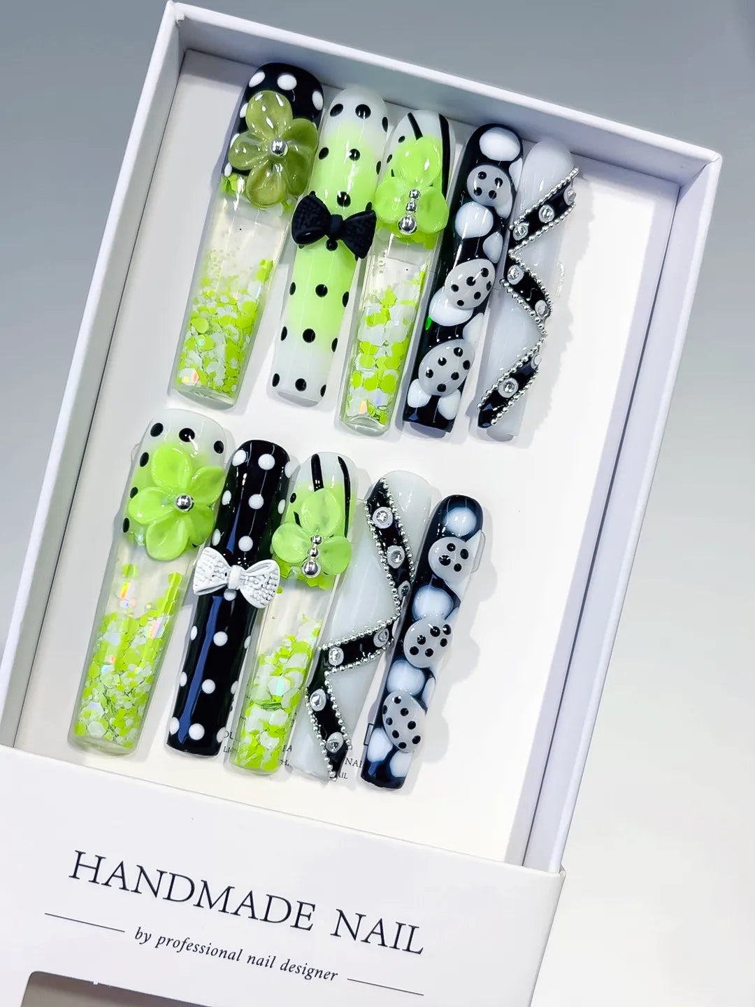 Green Black White Silver Abstract Flower Bow Dot Rhinestone Confetti 3D press on nails