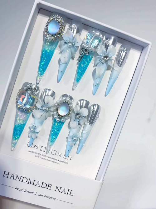 Blue White Silver Multicolor Glitter Flower Pearl Rhinestone Metallic Accent 3D press on nails