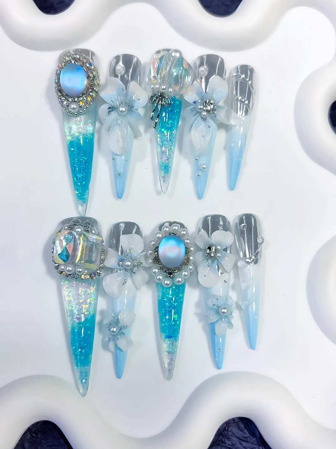 Blue White Silver Multicolor Glitter Flower Pearl Rhinestone Metallic Accent 3D press on nails close up