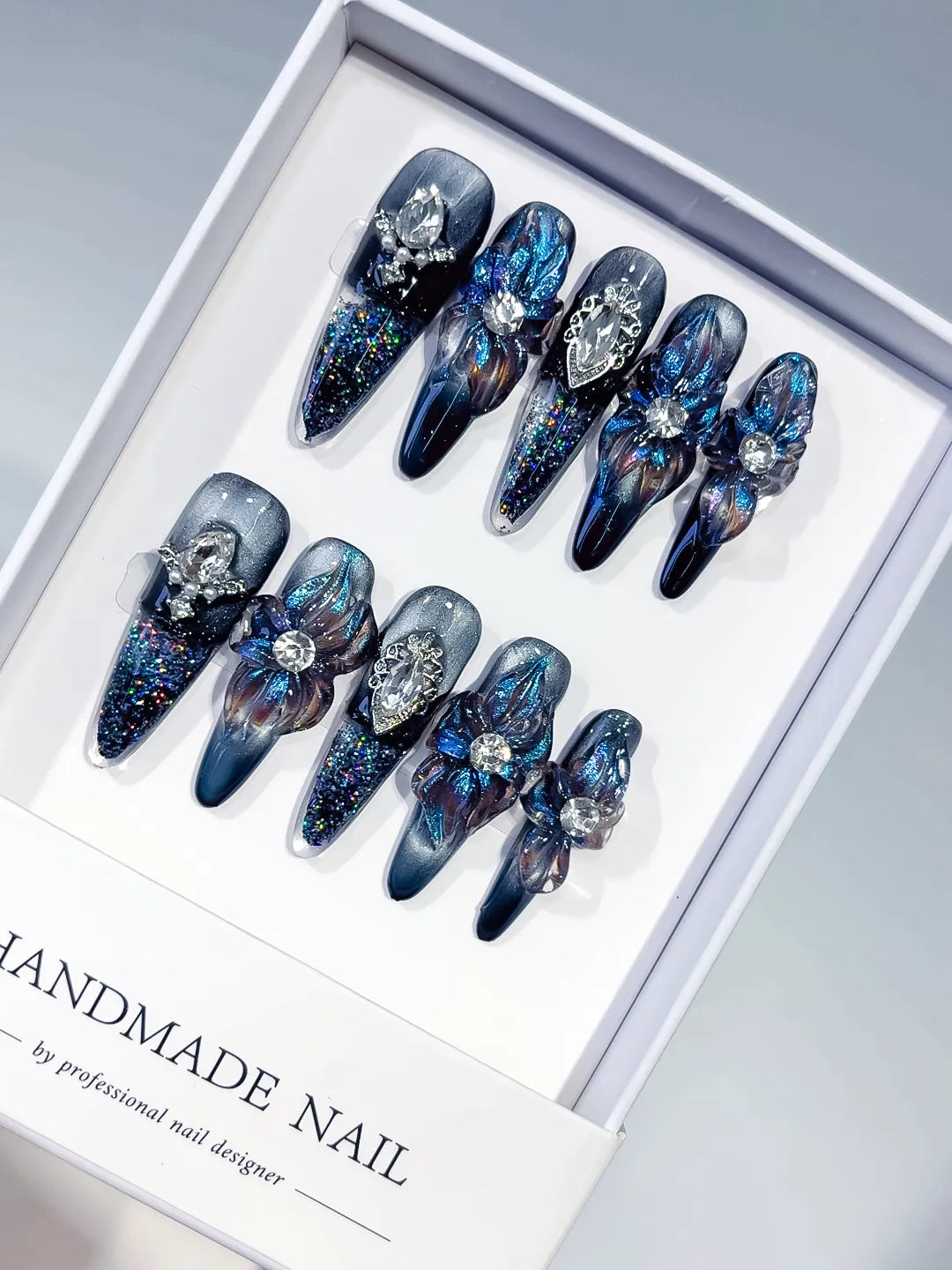 Black Blue Silver Multicolor Glitter Flower Heart Rhinestone Metallic Accent 3D press on nails