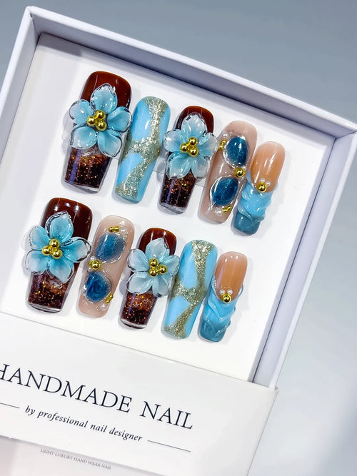 Brown Blue Gold Nude Silver Abstract Flower Glitter Pearl 3D Texture press on nails