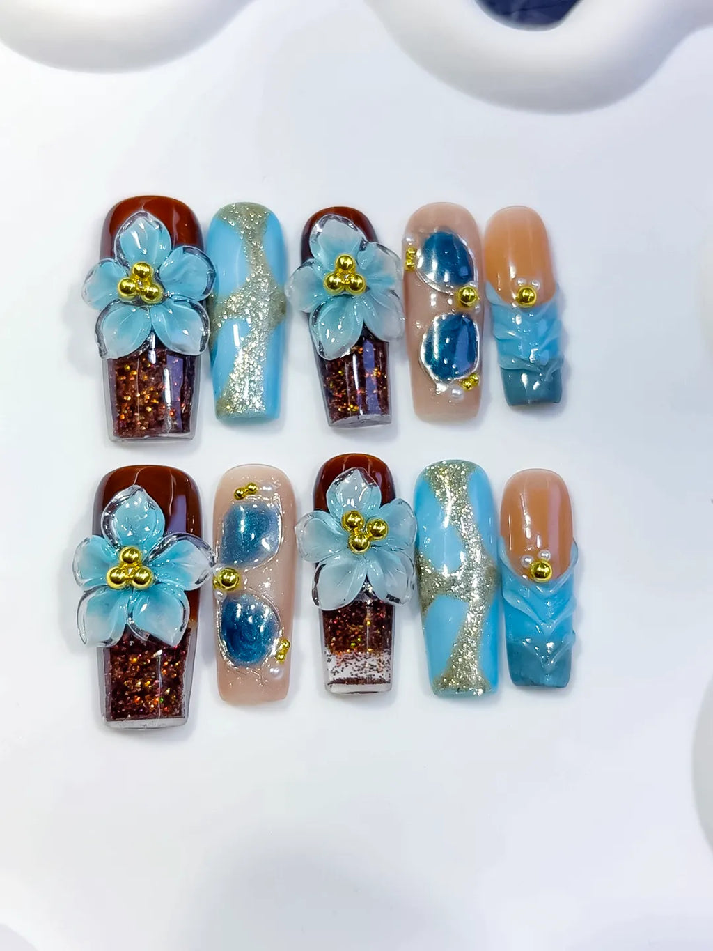 Brown Blue Gold Nude Silver Abstract Flower Glitter Pearl 3D Texture press on nails close up