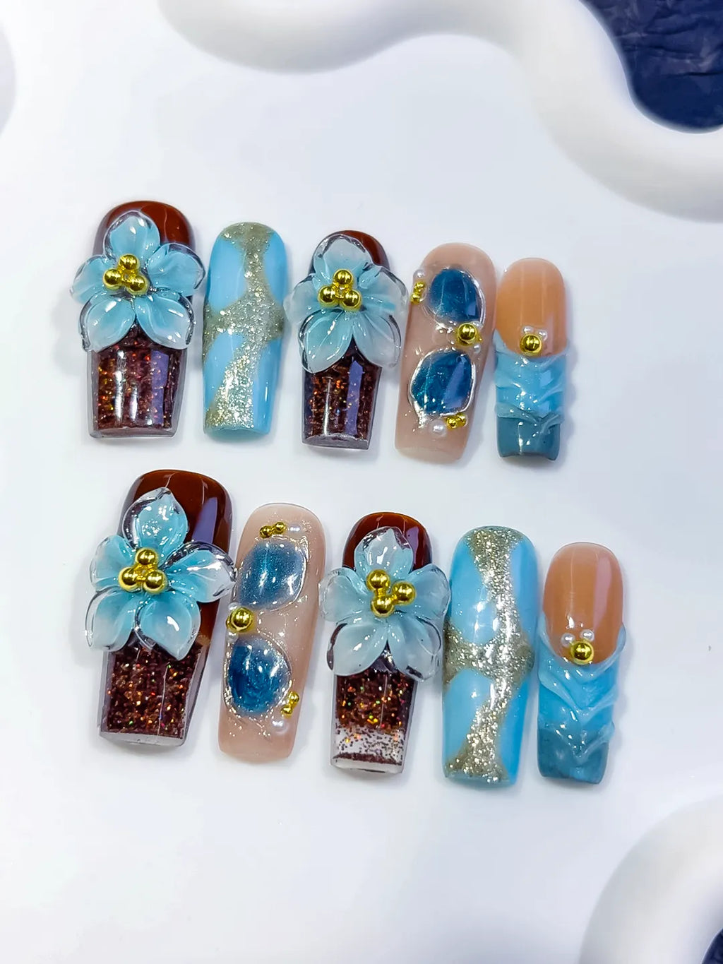 Brown Blue Gold Nude Silver Abstract Flower Glitter Pearl 3D Texture press on nails detail view